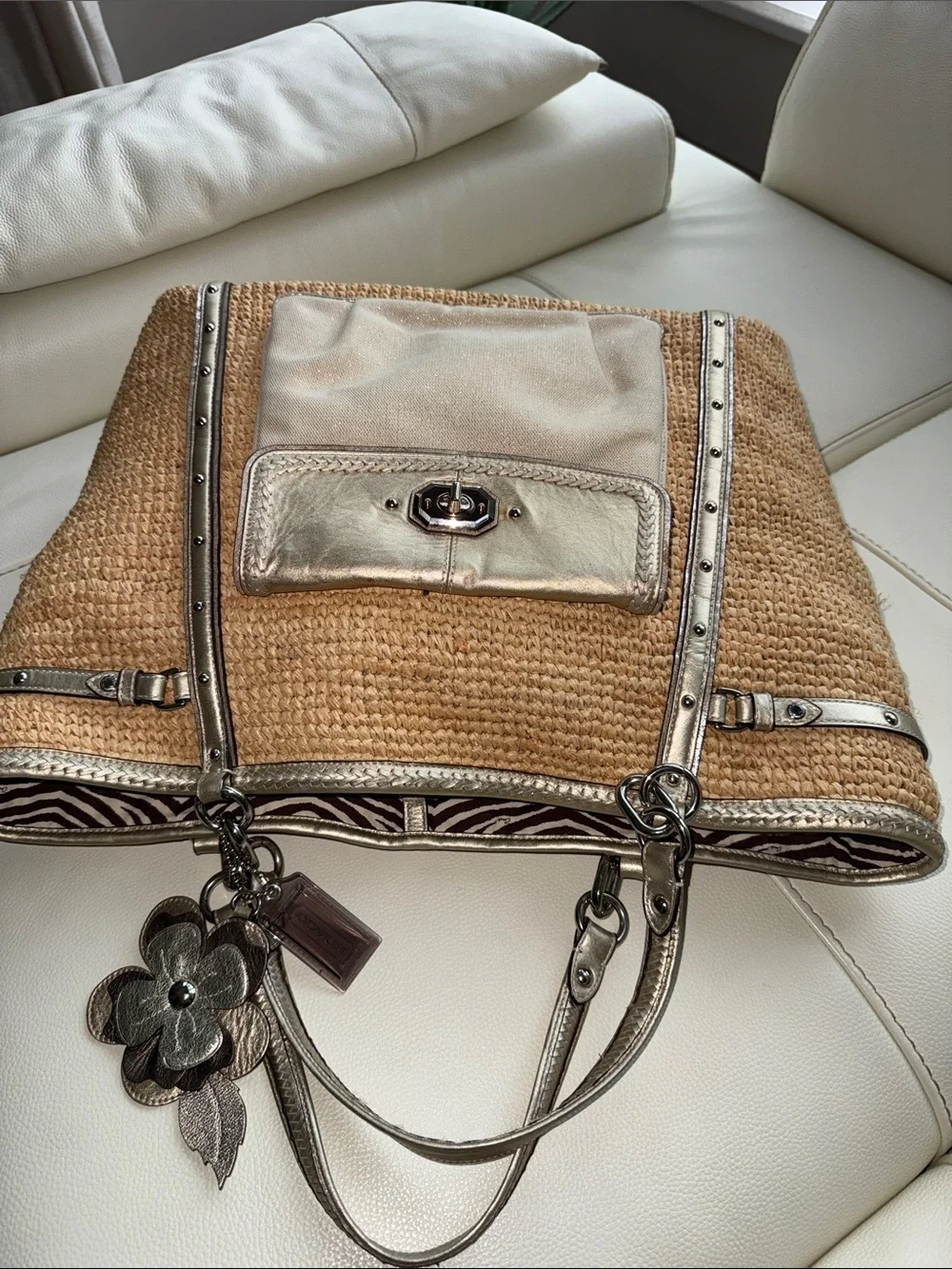 Coach Leather Creed Patch Embellished Straw Tote Bag